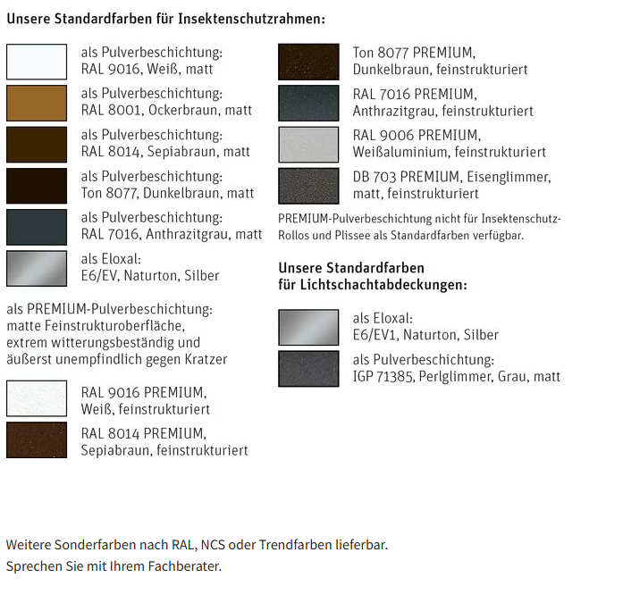 Standard RAL-Farben für Insektenschutzrahmen von FlieGo Kleve